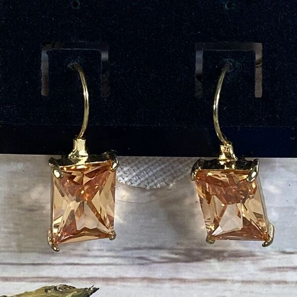 Champagne CZ Yellow Gold Flashed Sterling Silver Emerald-Cut Leverback Earrings - Picture 1 of 6